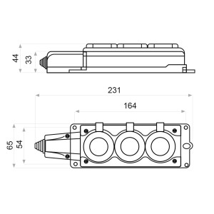 Колодка каучукова 2Р+PE з захисними кришками тримісна 16А IP44