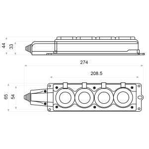 Колодка каучукова 2Р+PE з захисними кришками чотиримісна 16А IP44