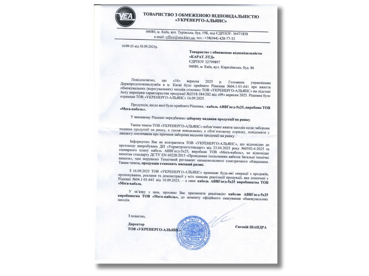 Заборона кабелю АВВГнгд-5х25 від ТОВ «Мега-кабель»!