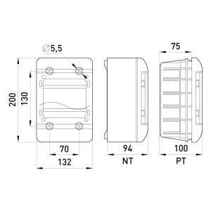 Корпус пластиковий, що вбудовується (PT) 5-модульний, однорядний, IP 40