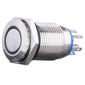 Кнопка металева пласка з фіксац. 2NO+2NC, з підсвічуванням, зелена 220V. TYJ 16-362