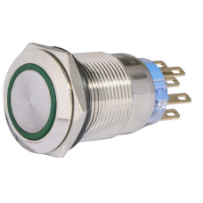 Кнопка металева пласка з фіксац. 2NO+2NC, з підсвічуванням, зелена 220V. TYJ 19-372