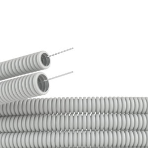 Труба ПВХ гнучка гофрована д.32мм, посилена з протяжкою, сірий колір, бухта 25 м.п., 91532, ДКС