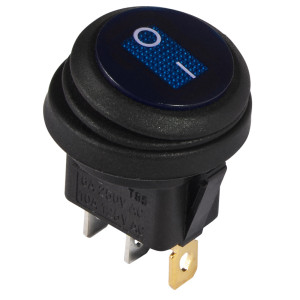 Перемикач 1 клав.круглий вологозах. синій з підсвічуванням KCD1-8-101NW BL/B 220V
