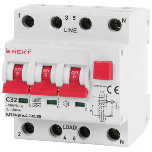 Вимикач диференційного струму з захистом від надструмів e.rcbo.pro.4.C32.30, 3P+N, 32А, С, тип А, 30мА