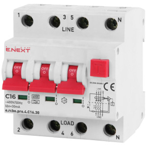 Вимикач диференційного струму з захистом від надструмів e.rcbo.pro.4.C16.30, 3P+N, 16А, С, тип А, 30мА